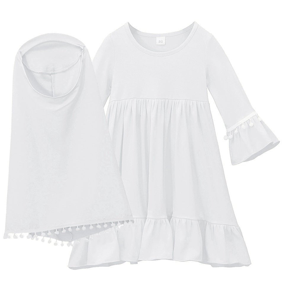 Little Muslimah Girls Dress & Hijab Set with Pom - Pom Trim (MKG028) - Mariam's Collection