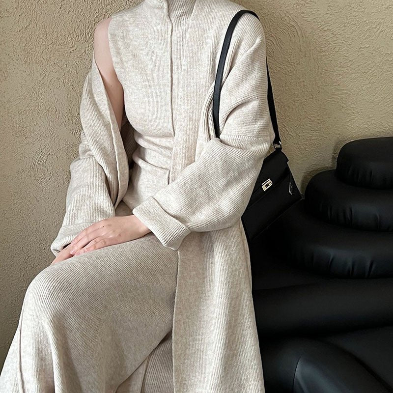 Long Knit Cardigan With Turtleneck Inner Dress For Autumn & Winter