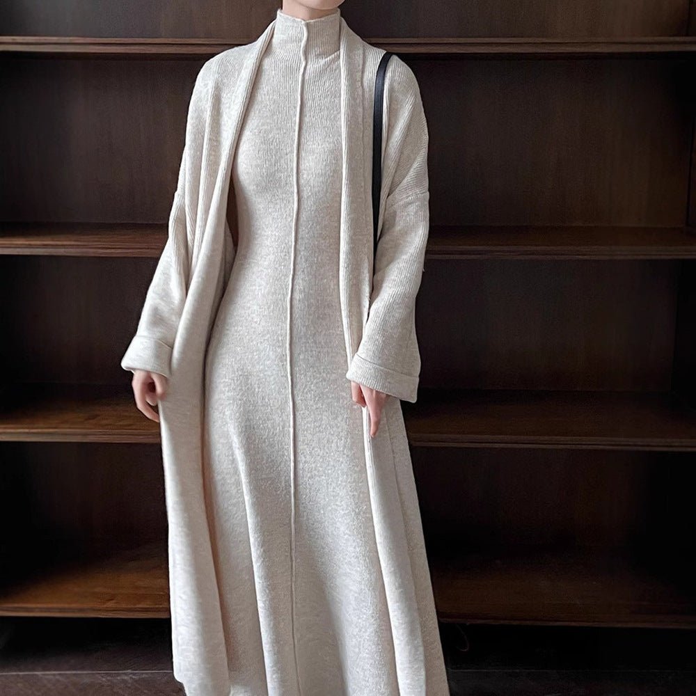 Long Knit Cardigan With Turtleneck Inner Dress For Autumn & Winter