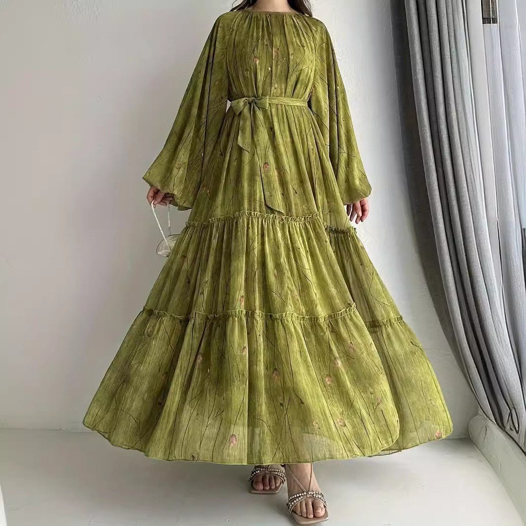 Long Sleeve Belted Chiffon Dress | Elegant Boho Peasant Gown(MA380) - Mariam's Collection