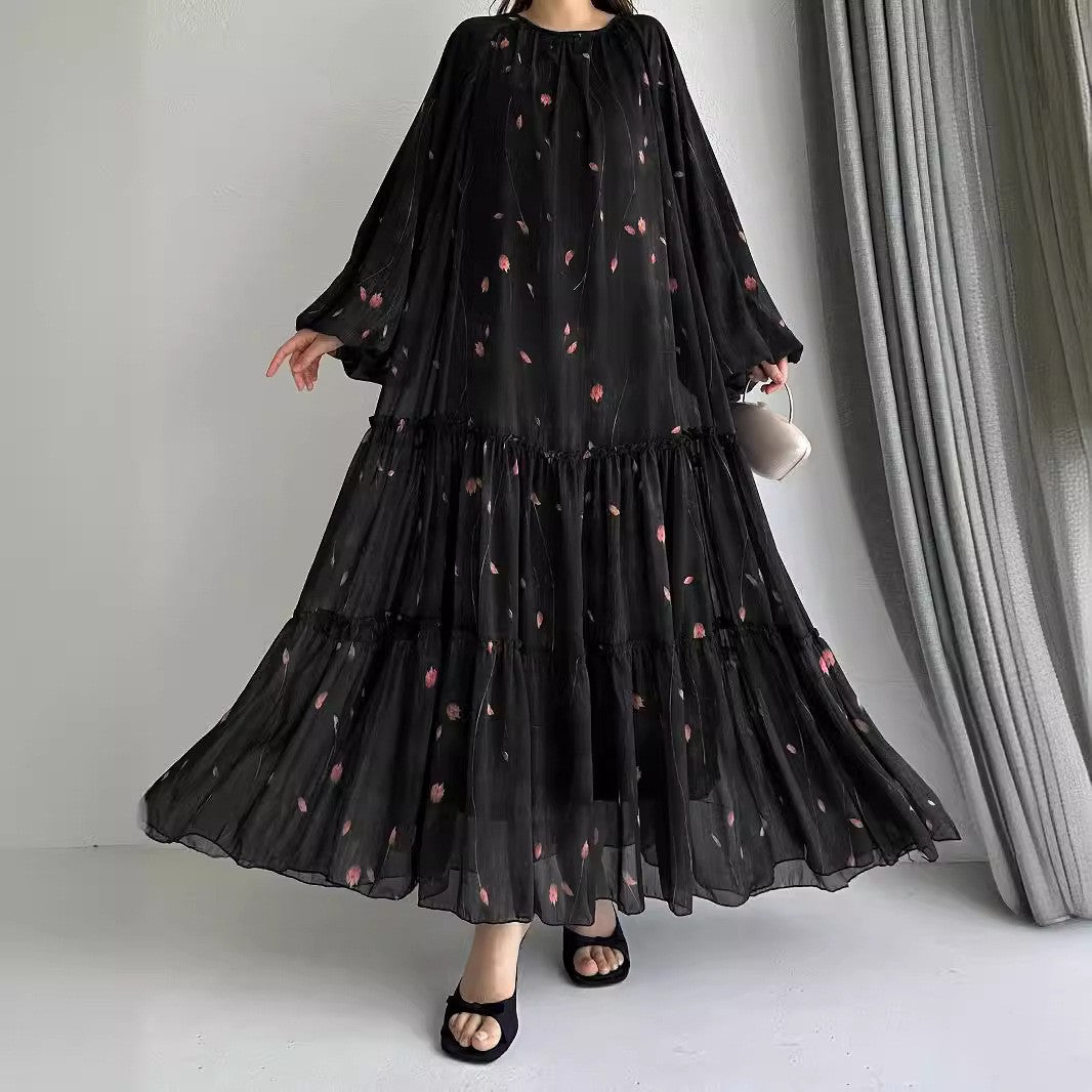 Long Sleeve Belted Chiffon Dress | Elegant Boho Peasant Gown(MA380) - Mariam's Collection