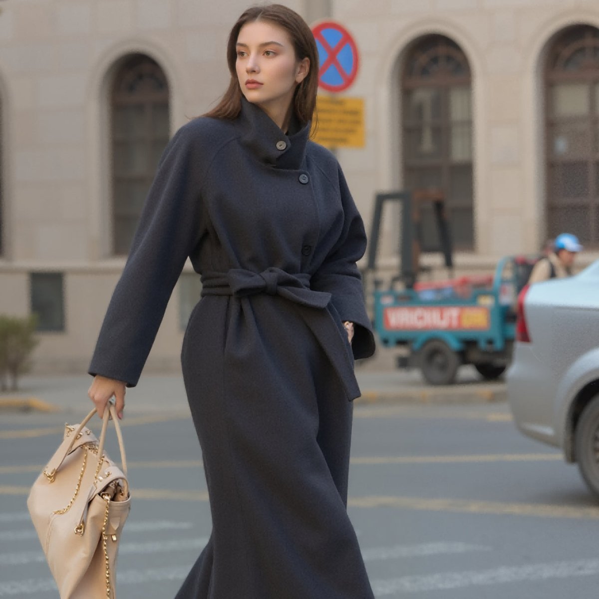 Long Wool Blend Trench Coat Abaya | Double - Breasted Belted Overcoat(MS188) - Mariam's Collection