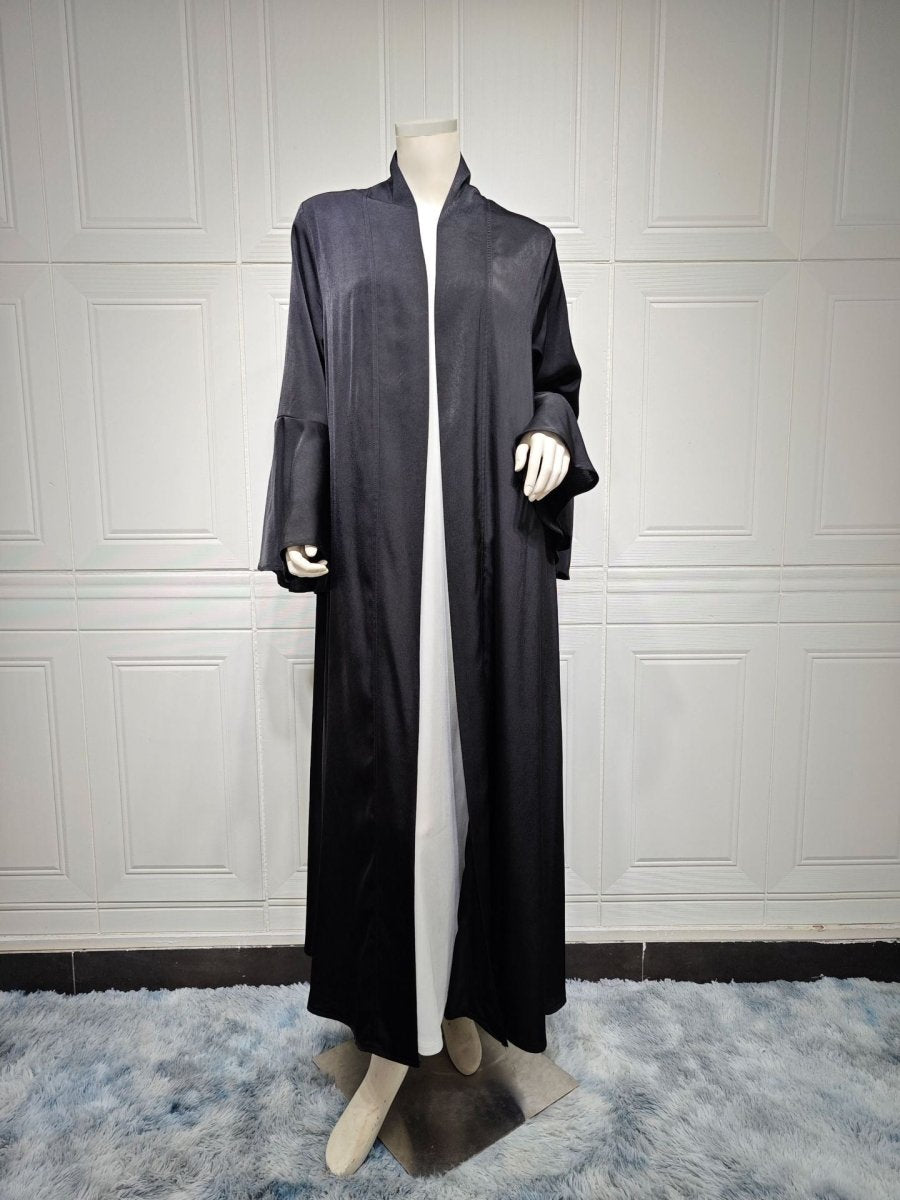 Lotus Leaf Sleeve Solid Soft Satin Open Front Abaya Dress | Lightweight Modest Abaya Cover(MOA220) - Mariam's Collection