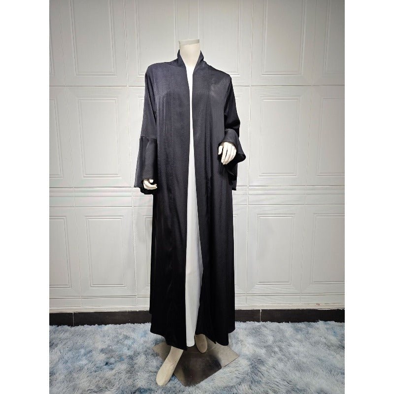 Lotus Leaf Sleeve Solid Soft Satin Open Front Abaya Dress | Lightweight Modest Abaya Cover(MOA220) - Mariam's Collection