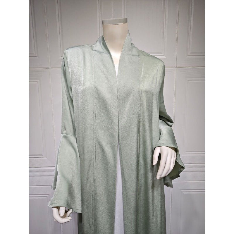 Lotus Leaf Sleeve Solid Soft Satin Open Front Abaya Dress | Lightweight Modest Abaya Cover(MOA220) - Mariam's Collection