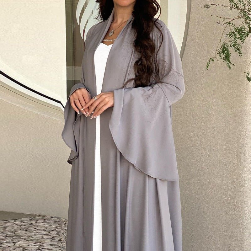 Lotus Leaf Sleeve Solid Soft Satin Open Front Abaya Dress | Lightweight Modest Abaya Cover(MOA220) - Mariam's Collection