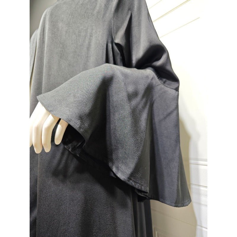 Lotus Leaf Sleeve Solid Soft Satin Open Front Abaya Dress | Lightweight Modest Abaya Cover(MOA220) - Mariam's Collection
