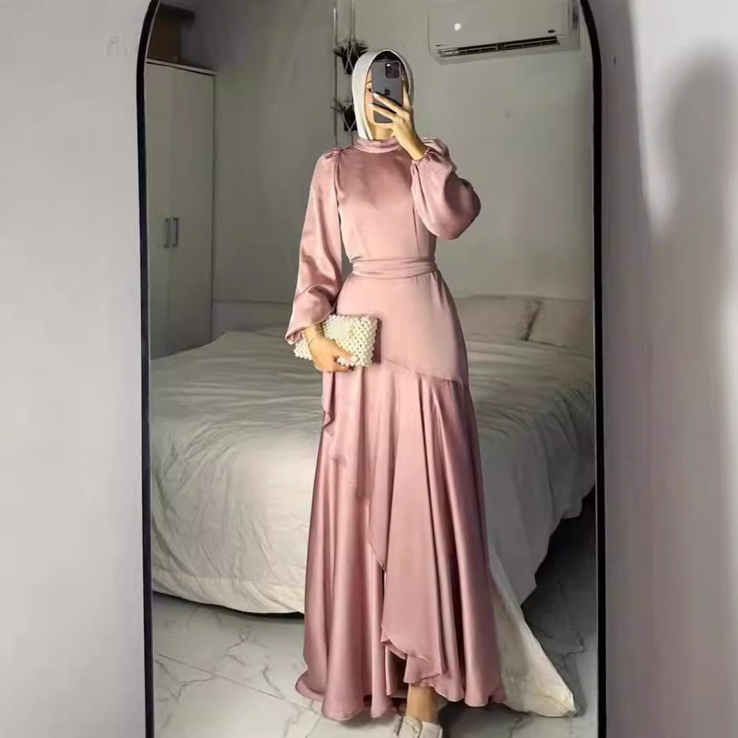Luxe Satin Ruffle Hem Maxi Dress | Elastic Cuff Belted Abaya (MS187) - Mariam's Collection