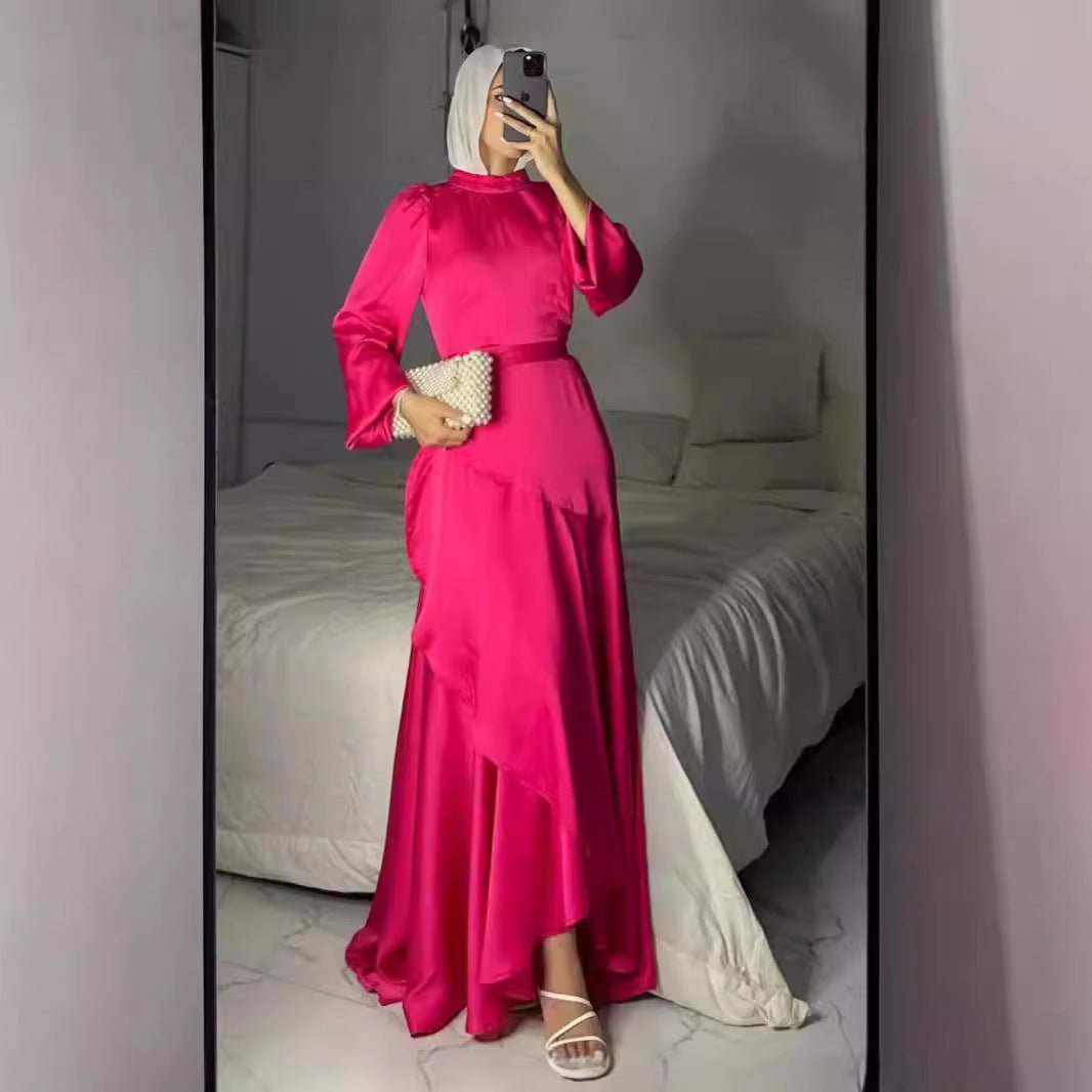 Luxe Satin Ruffle Hem Maxi Dress | Elastic Cuff Belted Abaya(MS187) - Mariam's Collection