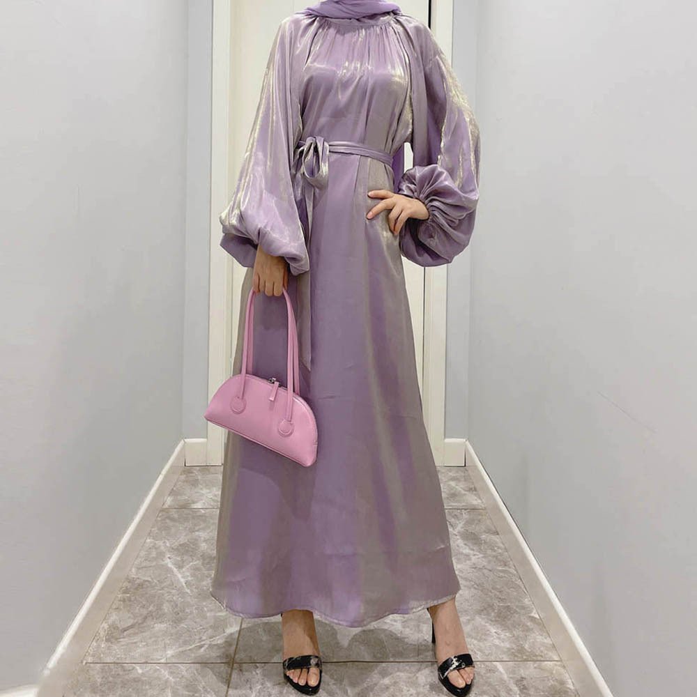 Luxurious Shimmer Abaya with Lantern Sleeves | Stand Collar Back Tie Maxi Dress(MA324) - Mariam's Collection