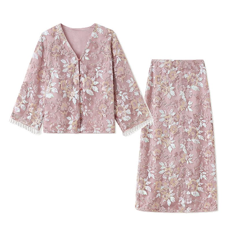 Luxury Embroidered Floral Jacket & Skirt Set(MS307) - Mariam's Collection