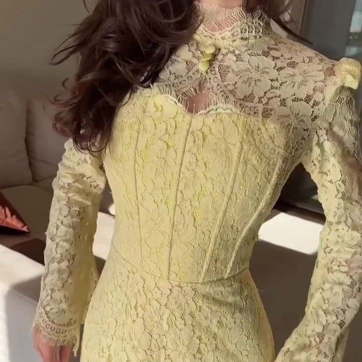 Powder blue luxury lace dress with dramatic Victorian-inspired sleeves