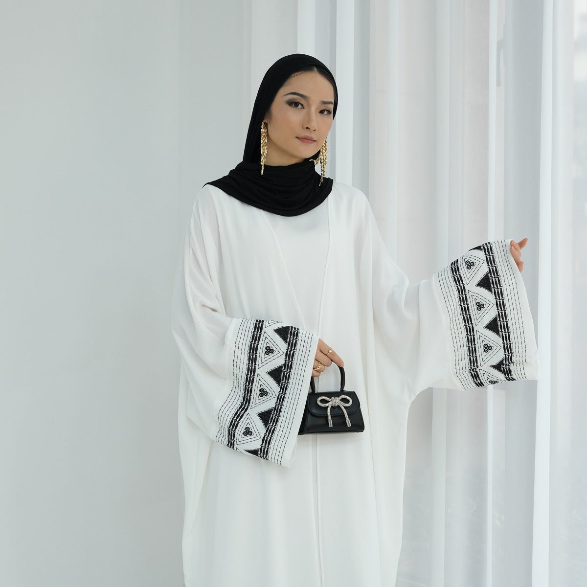 Luxury Muslim Embroidered Bell Sleeve Abaya | White Modest Robe with Black Geometric Embroidery. (MOA171) - Mariam's Collection