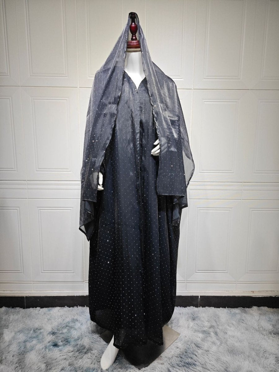 Luxury Muslim Starlight Evening Wear Abaya Set | Midnight Blue Diamond - Embellished Robe Jacket with Matching Hijab(MOA201) - Mariam's Collection