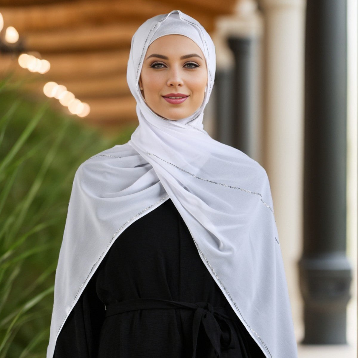 Luxury Pearl Chiffon Hijab with Diamond Stripes. (MH107) - Mariam's Collection