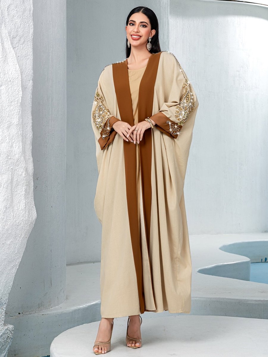 Luxury Rust Bead Muslim Wedding & Party Khaki Gold Embroidered Contrast Jacket Abaya. (MOA158) - Mariam's Collection