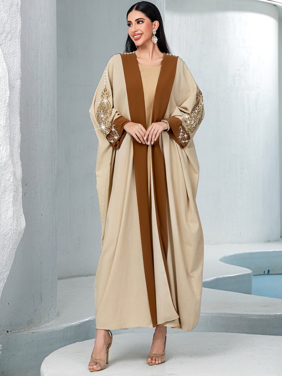 Luxury Rust Bead Muslim Wedding & Party Khaki Gold Embroidered Contrast Jacket Abaya. (MOA158) - Mariam's Collection