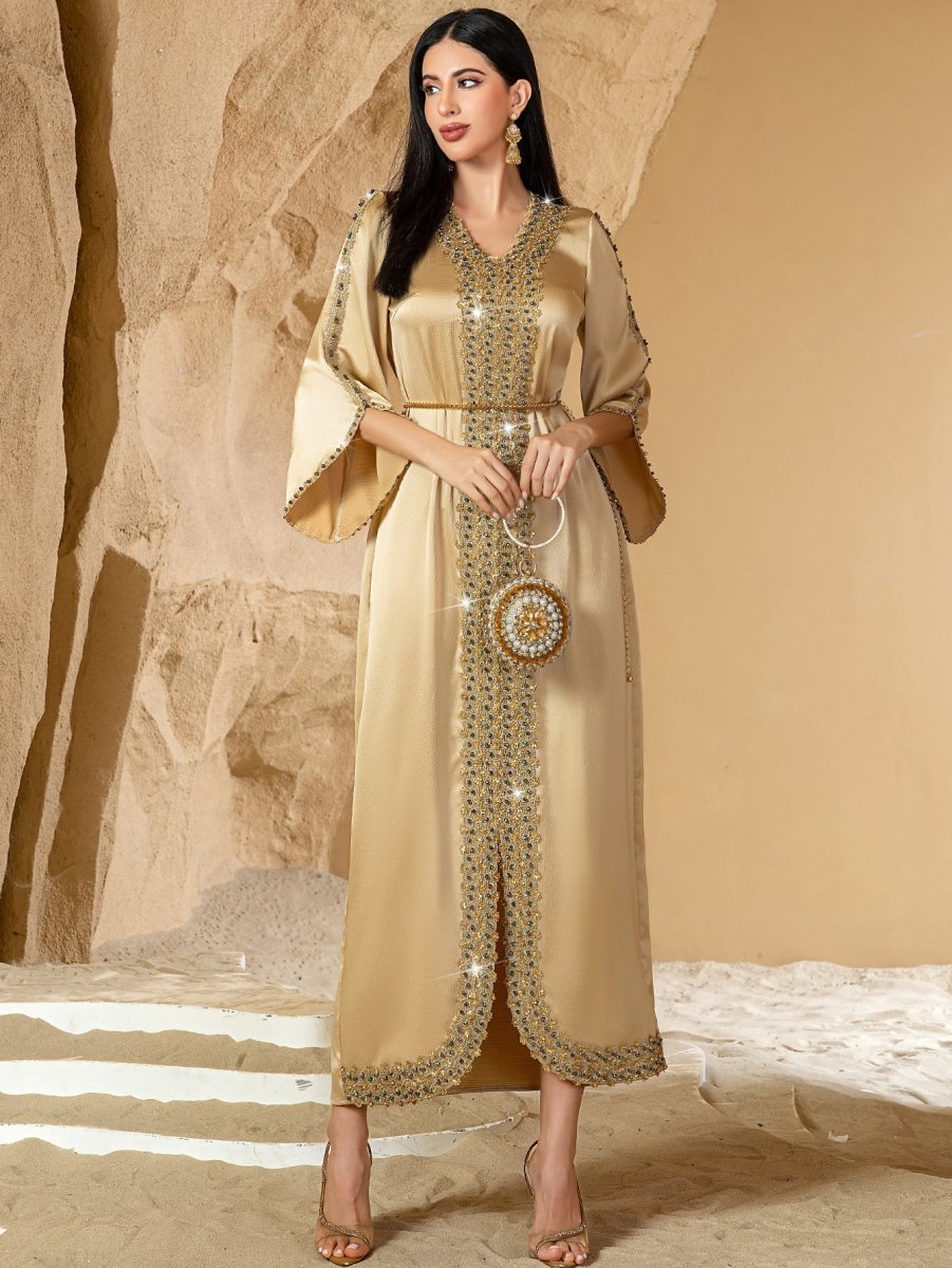 Luxury Wedding & Evening Party Champagne Elegance Hand - Beaded Lace Abaya. (MA186) - Mariam's Collection
