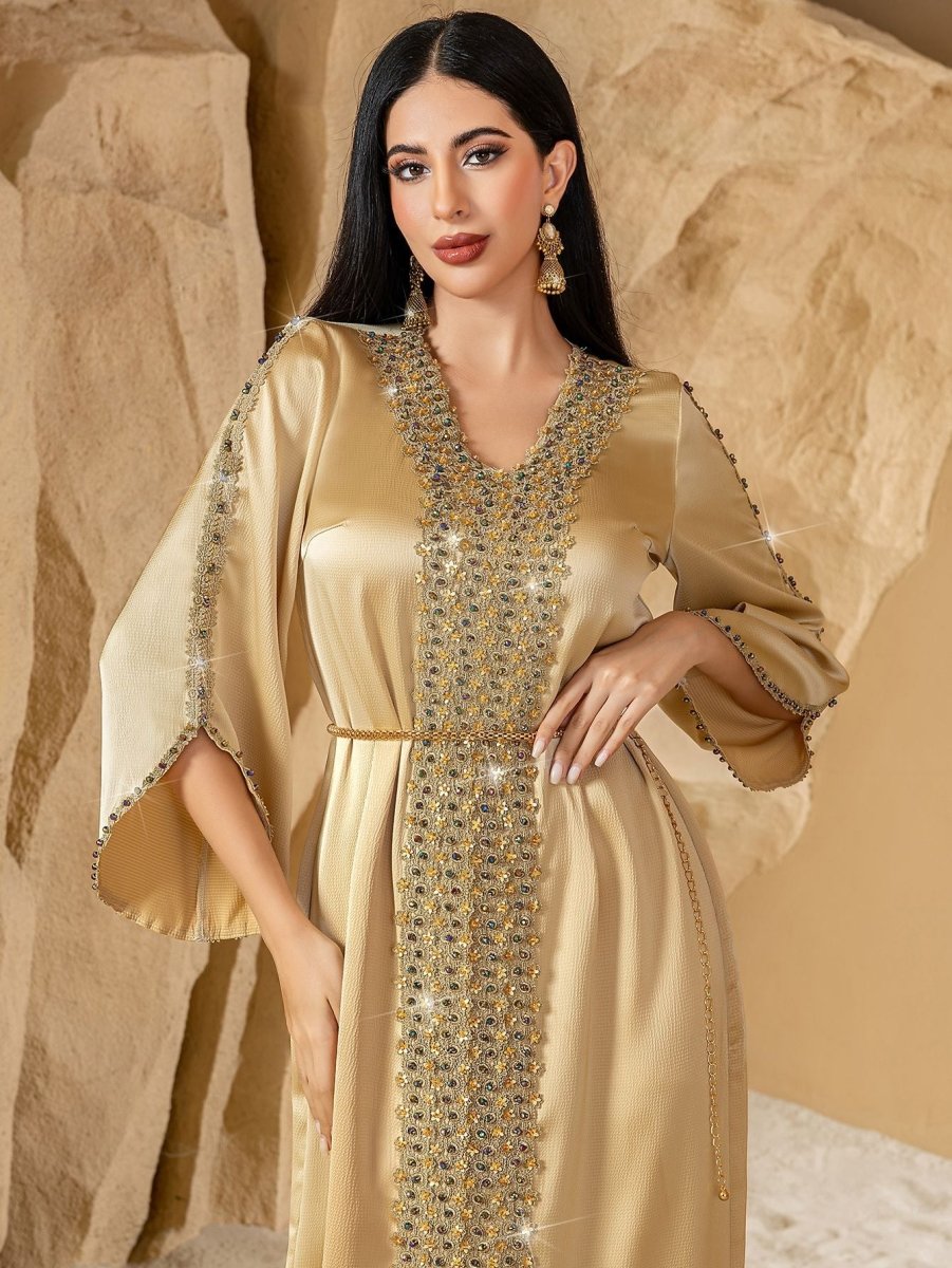 Luxury Wedding & Evening Party Champagne Elegance Hand - Beaded Lace Abaya. (MA186) - Mariam's Collection