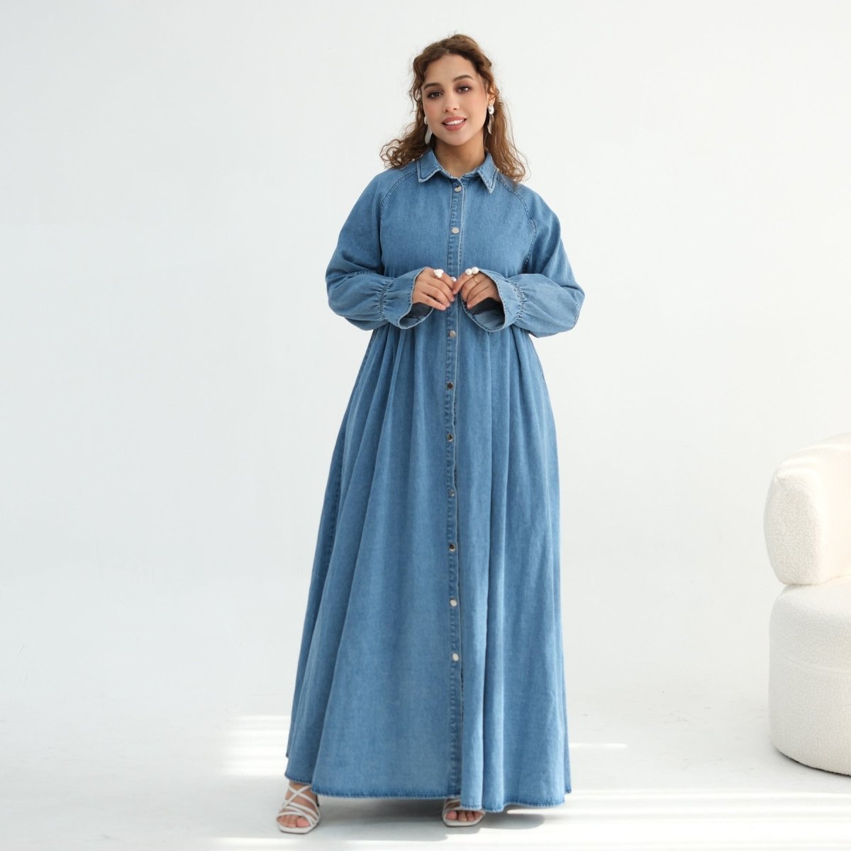 Light blue tencel denim abaya with pointed collar detail