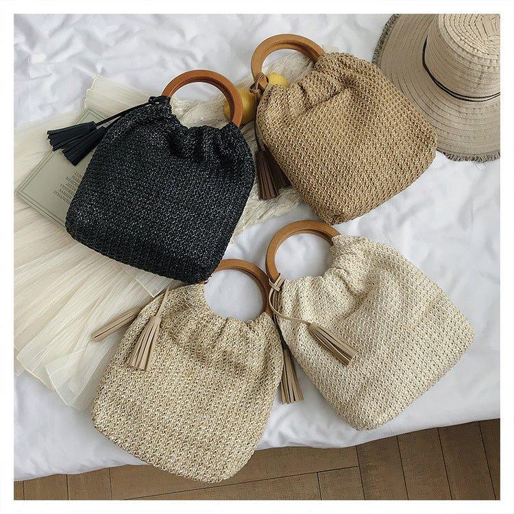 MAC132 Fashionable Straw Simple Beach Tassel Bucket Bag - Mariam's Collection