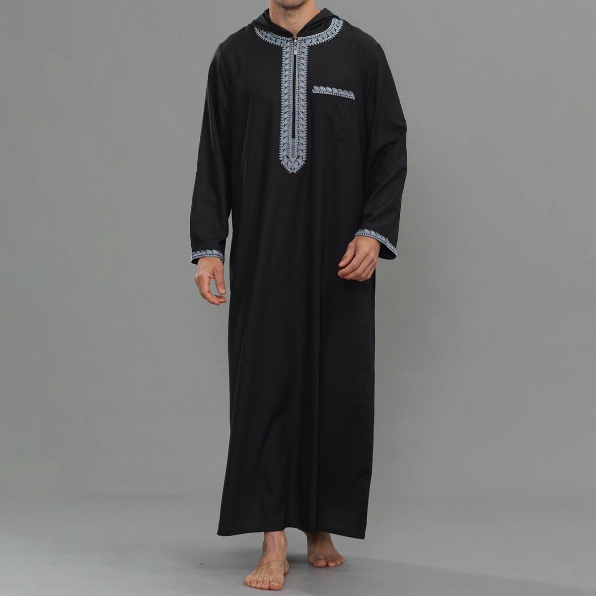 Men's Hooded Embroidered Thobe with Pockets (MT037) - Mariam's Collection