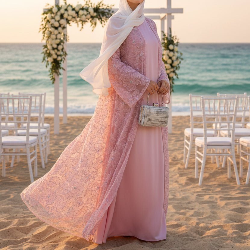 Mesh Flower Bead Open Abaya and Satin Interior Dress 2 - Piece Set | Elegant Muslim Wedding Guest Outfit(MOA222) - Mariam's Collection