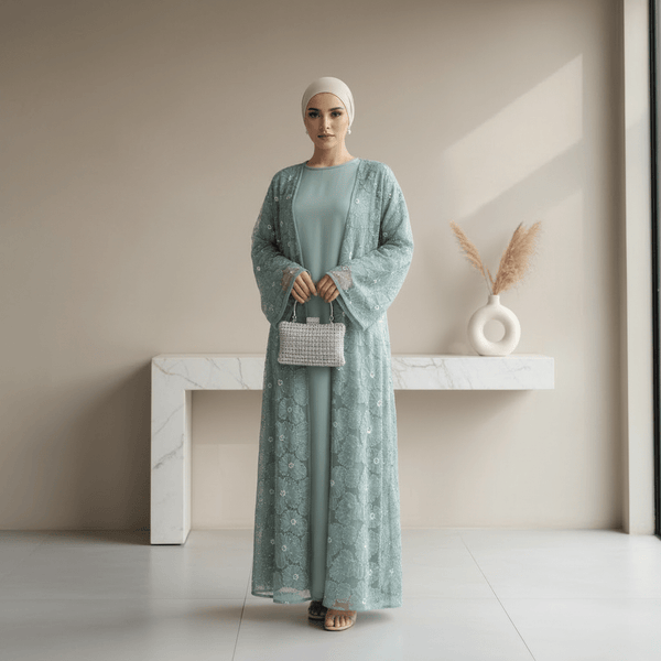 Mesh Flower Bead Open Abaya and Satin Interior Dress 2 - Piece Set | Elegant Muslim Wedding Guest Outfit(MOA222) - Mariam's Collection