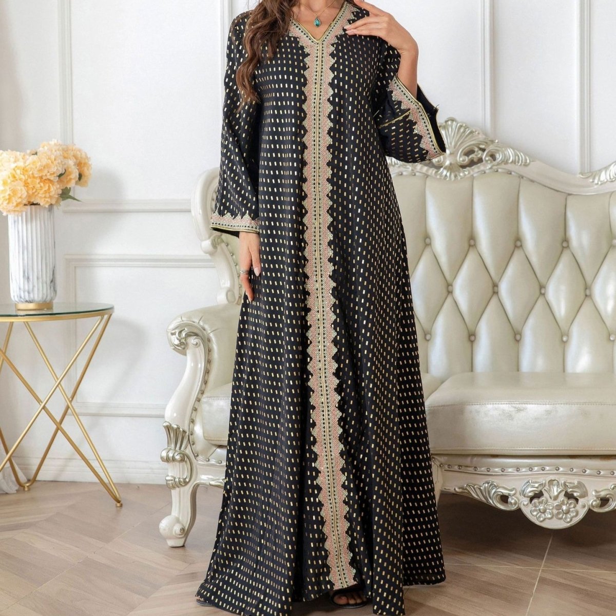 Metallic Embroidered Lace Trim Abaya