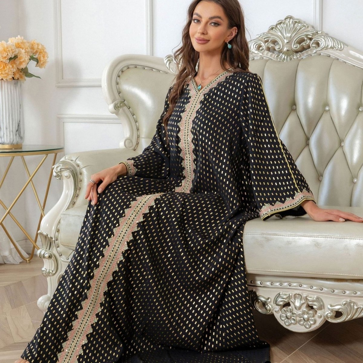 Metallic Embroidered Lace Trim Abaya(MA367) - Mariam's Collection