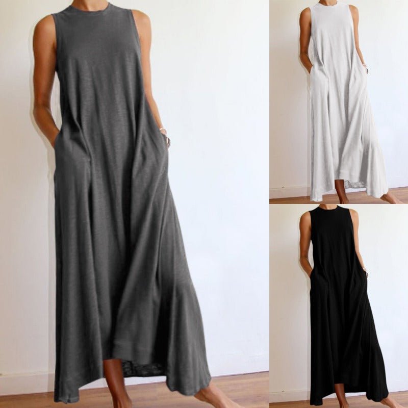 Sleeveless Silk Maxi Dress with Pockets | A-Line Silk Maxi Dress With No Sleeves