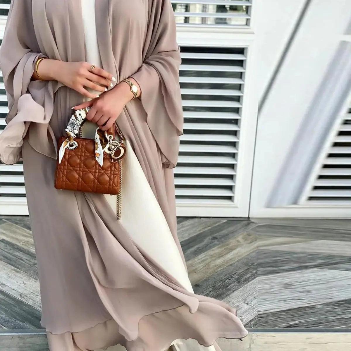 MOA002 Plain Double Layered Chiffon Open Abaya Set - Mariam's Collection