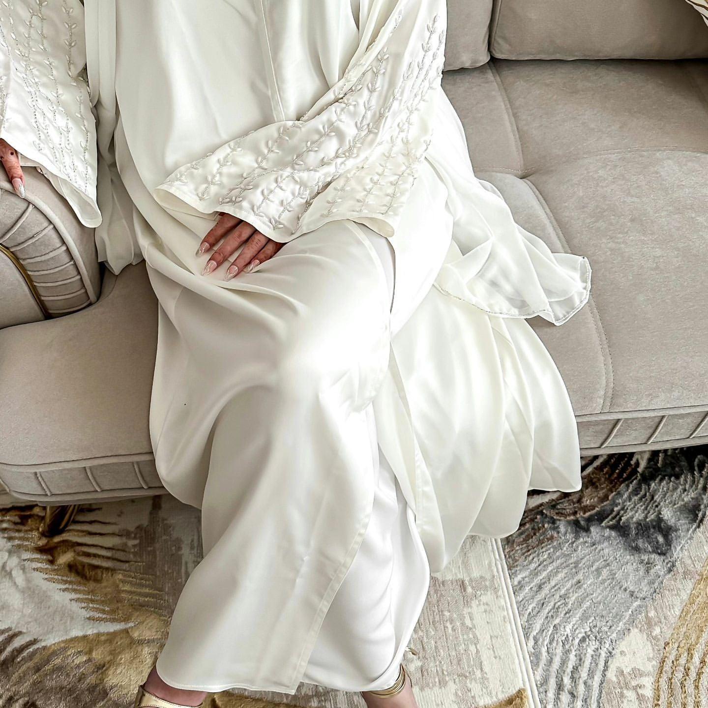 MOA054 Party Solid Colour Handmade Beaded Abaya Set 2-Piece - Mariam's Collection