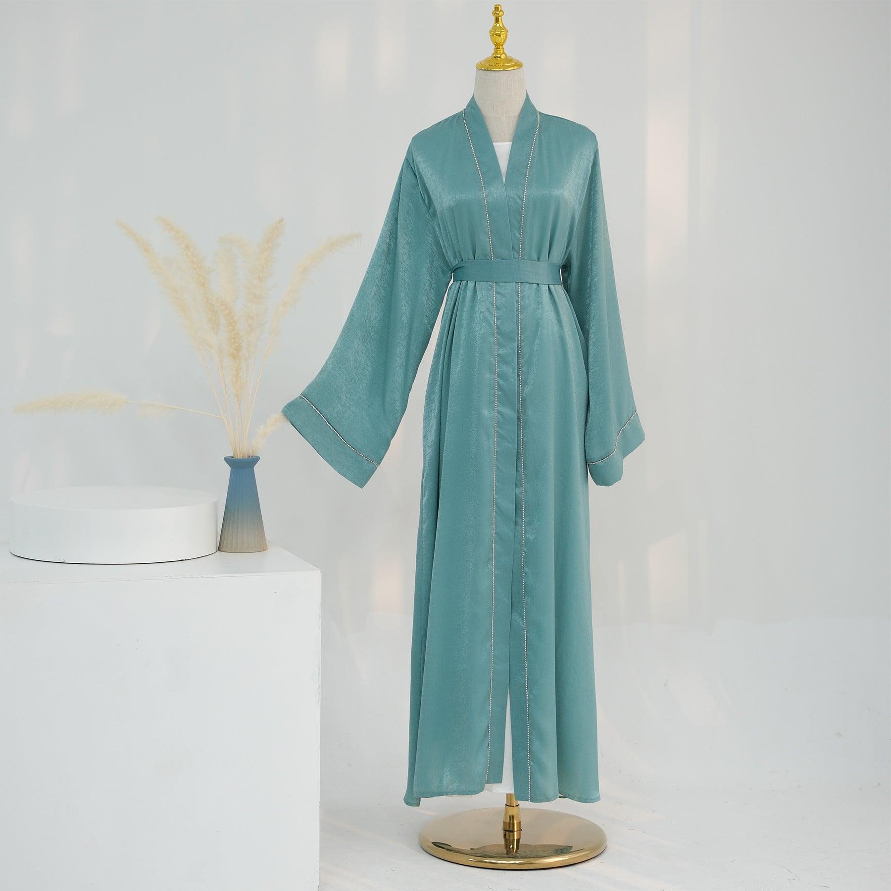 MOA055 Solid Colour Trimmed Abaya Cardigan 3-Piece Set - Mariam's Collection