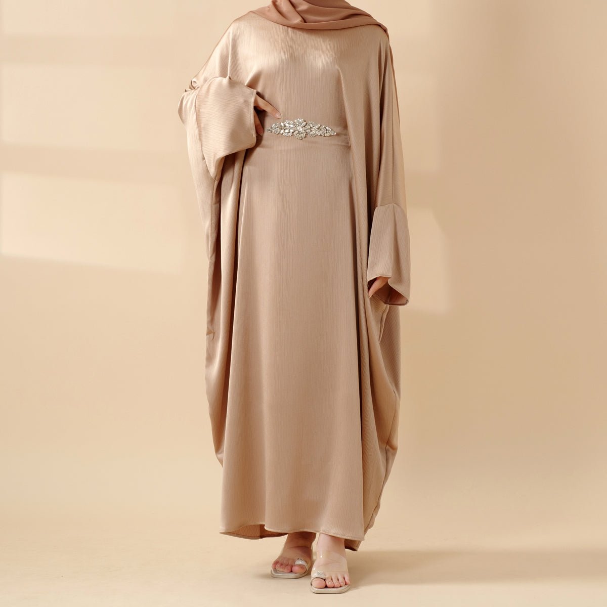 Modest Kaftan for Special Occasions: Batwing Abaya With Rhinestone Waist (MA135) - Mariam's Collection