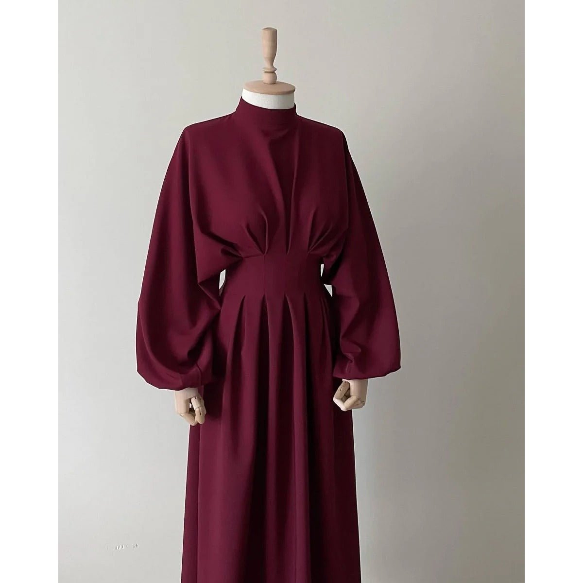 Modest Pleated Solid Color Tie - Sleeve Maxi Dress (MA171) - Mariam's Collection