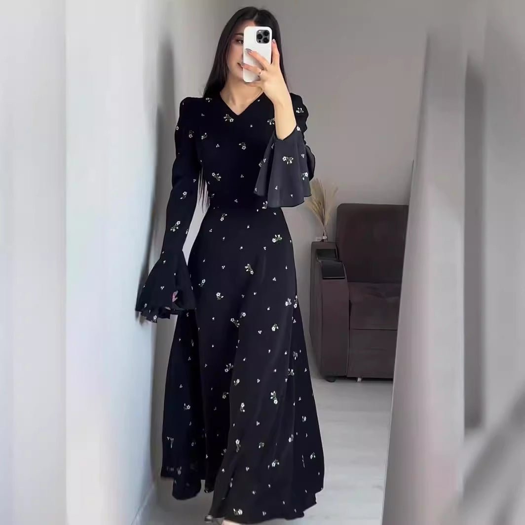 Modest V - Neck Boho Chiffon Black Floral Abaya Dress with Lotus Sleeve Flared Bell Sleeves. (MA202) - Mariam's Collection