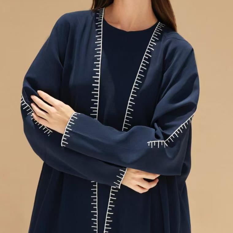 Moonlight Navy Abaya With White Geometric Stitch Embroidery | 2 - Piece Set (MOA119) - Mariam's Collection