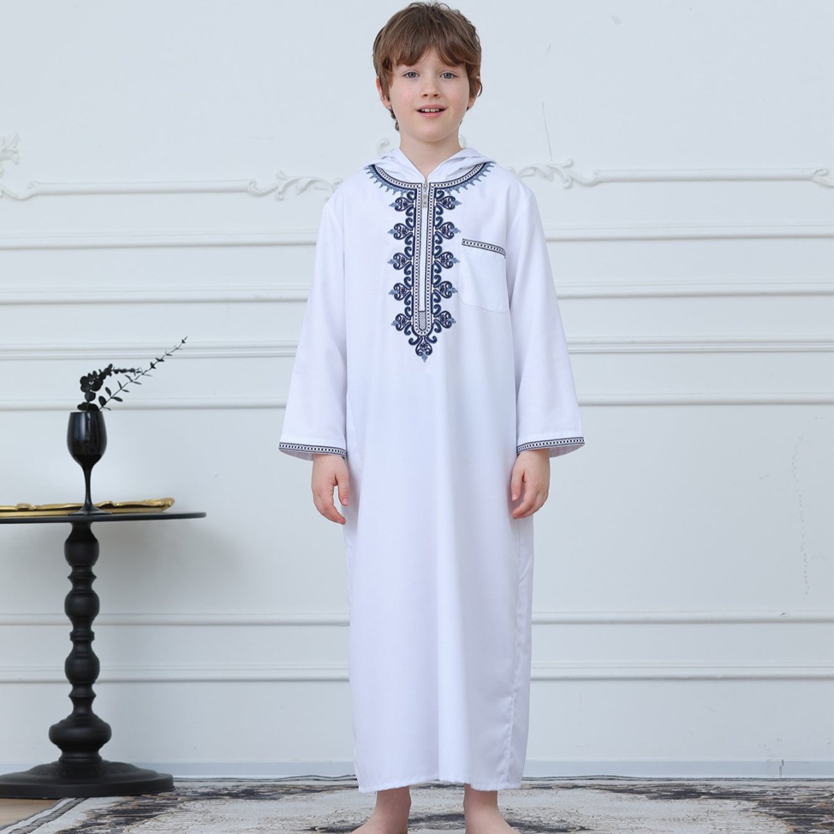 Muslim Boys Embroidered Hooded Thobe with Pockets (MKB014) - Mariam's Collection