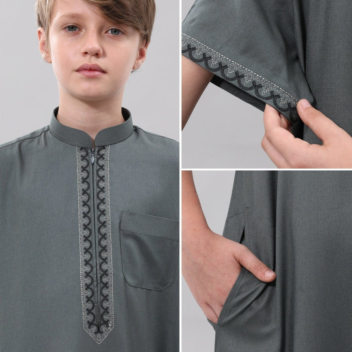 Muslim Boys Embroidered Thobe with Pockets (MKB013) - Mariam's Collection