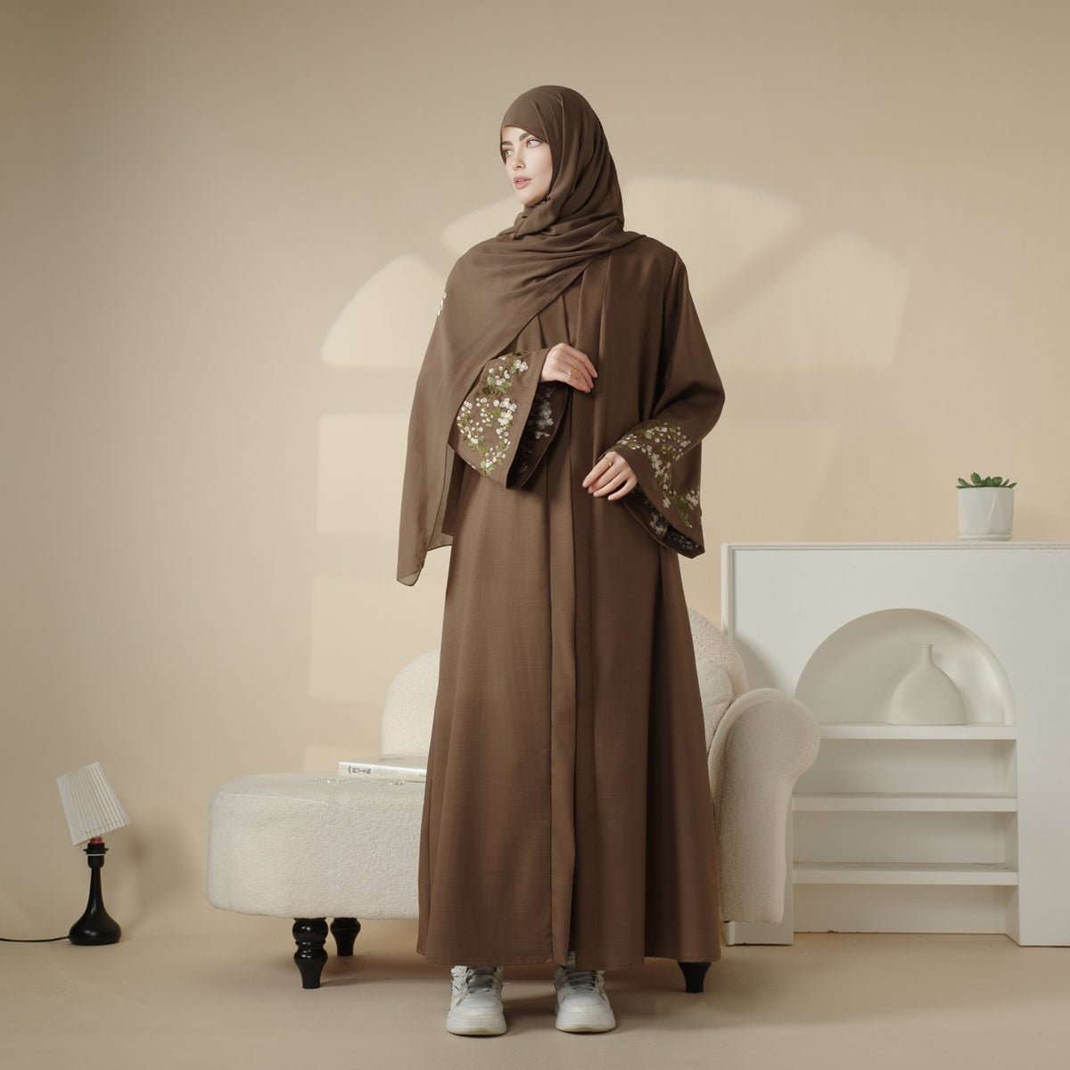 Olive Branch Embroidered Linen Abaya Set With Matching Belt & Hijab (MOA037) - Mariam's Collection