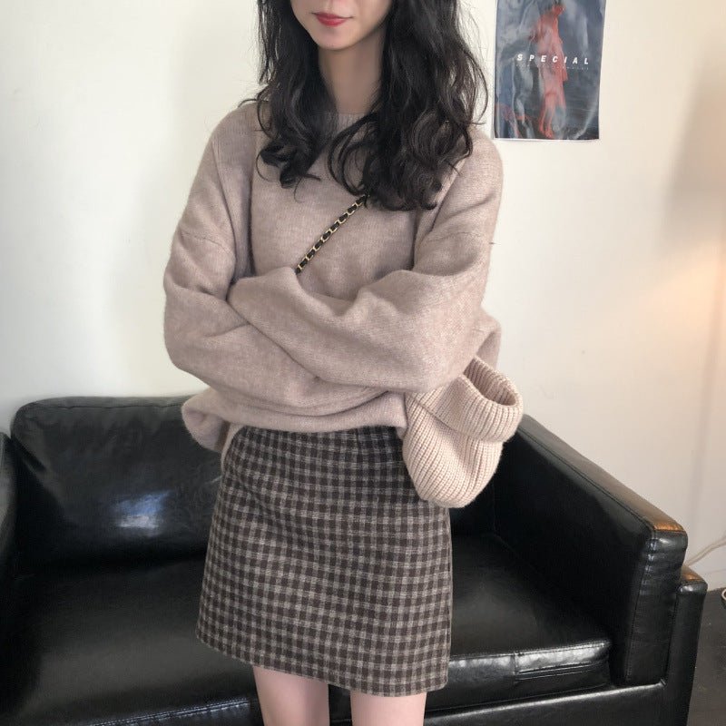Oversized Round Neck Pullover Sweater | Solid Color Knit Base Layer Top(MS168) - Mariam's Collection