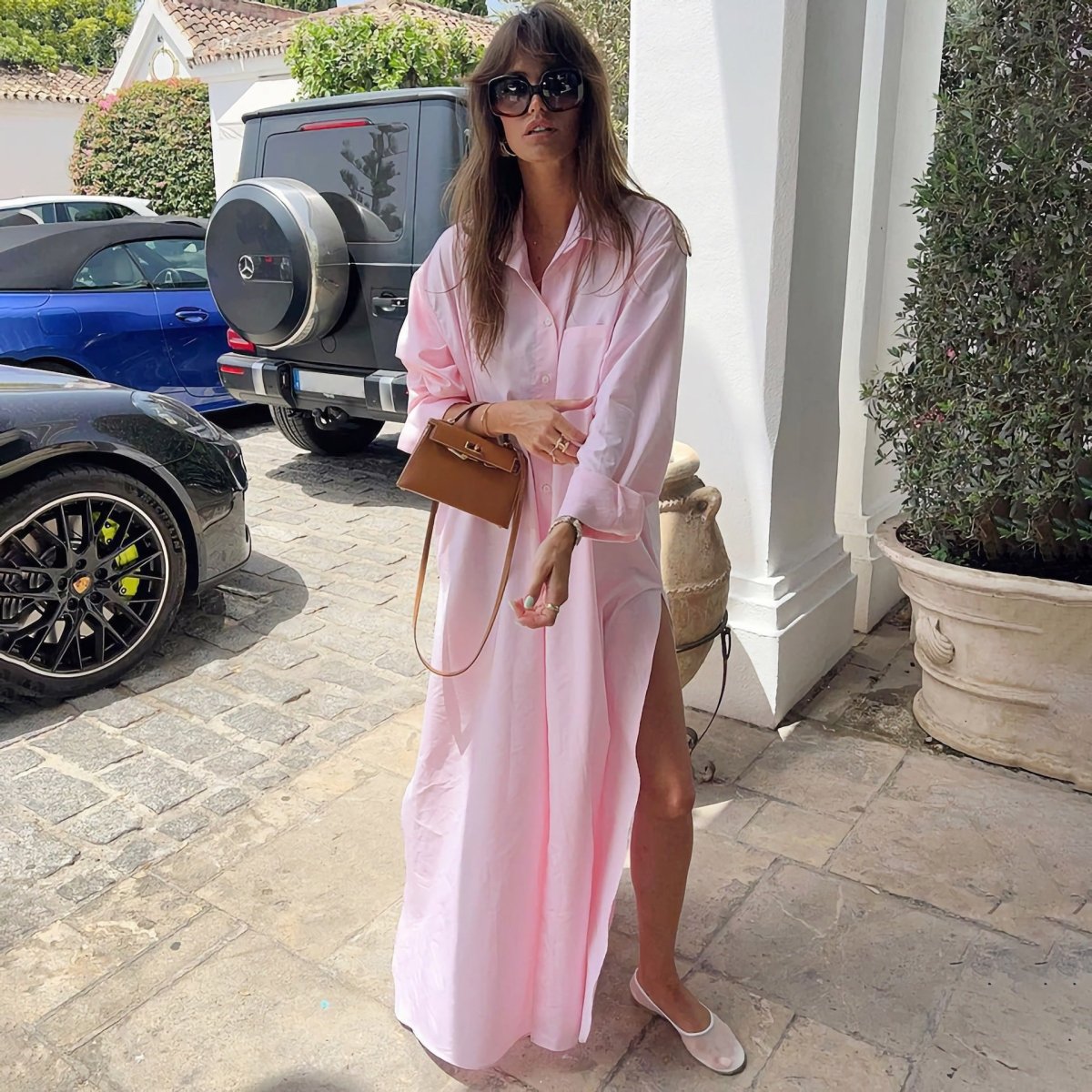 Periwinkle blue oversized shirt dress abaya front view