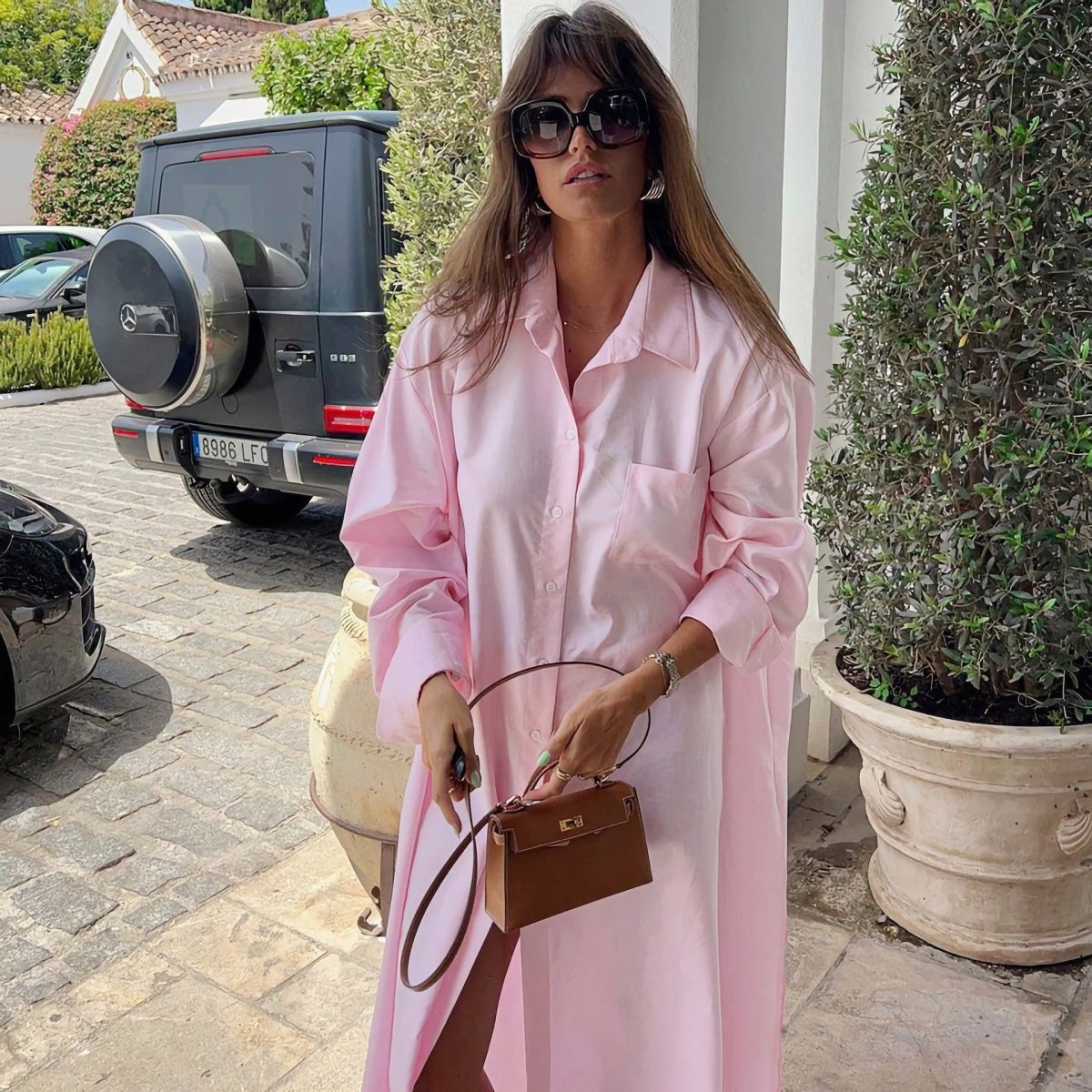 French resort styled shirt abaya outfit shot