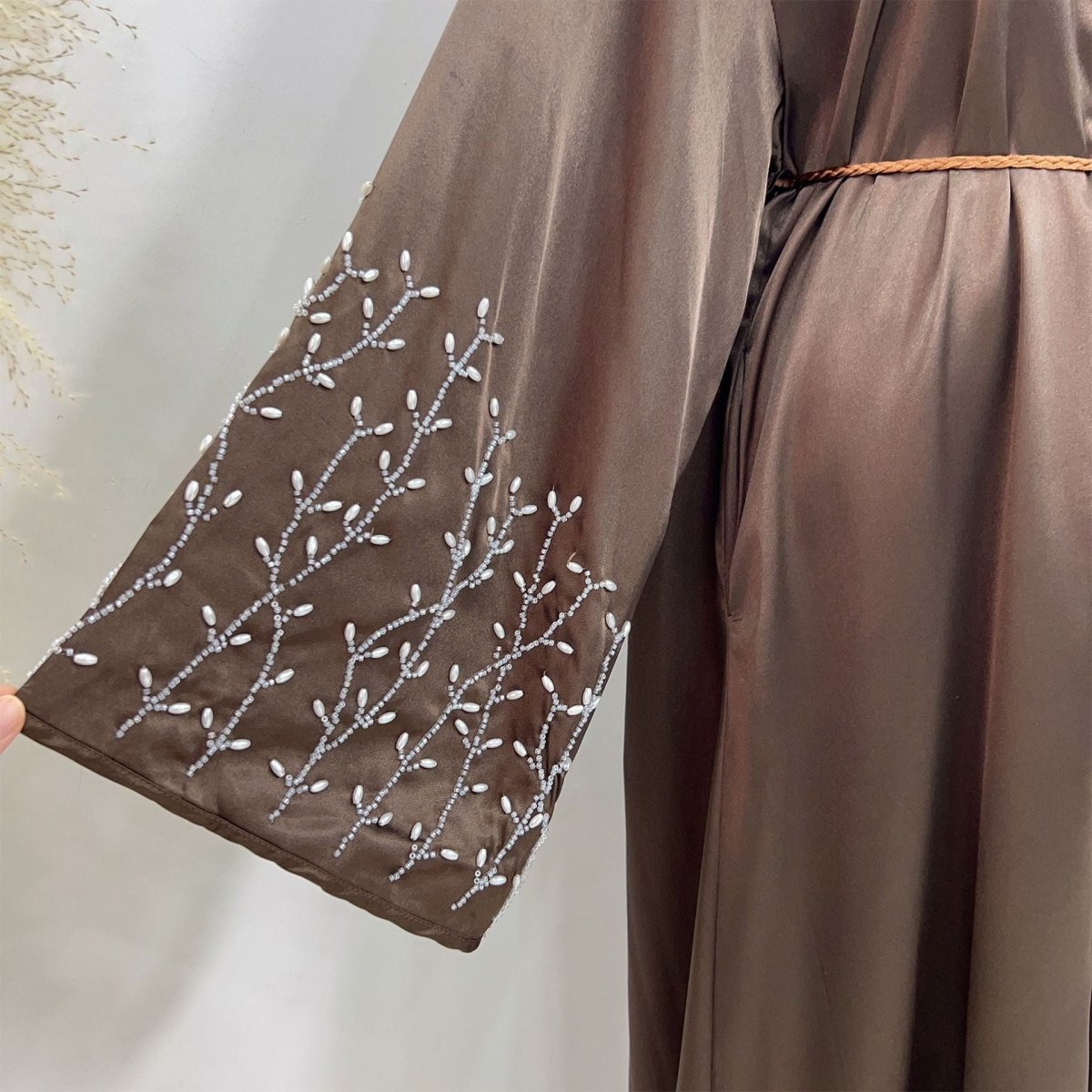 Party Abaya 2 - Piece Set With Solid Colour And Handmade Beads (MOA054) - Mariam's Collection