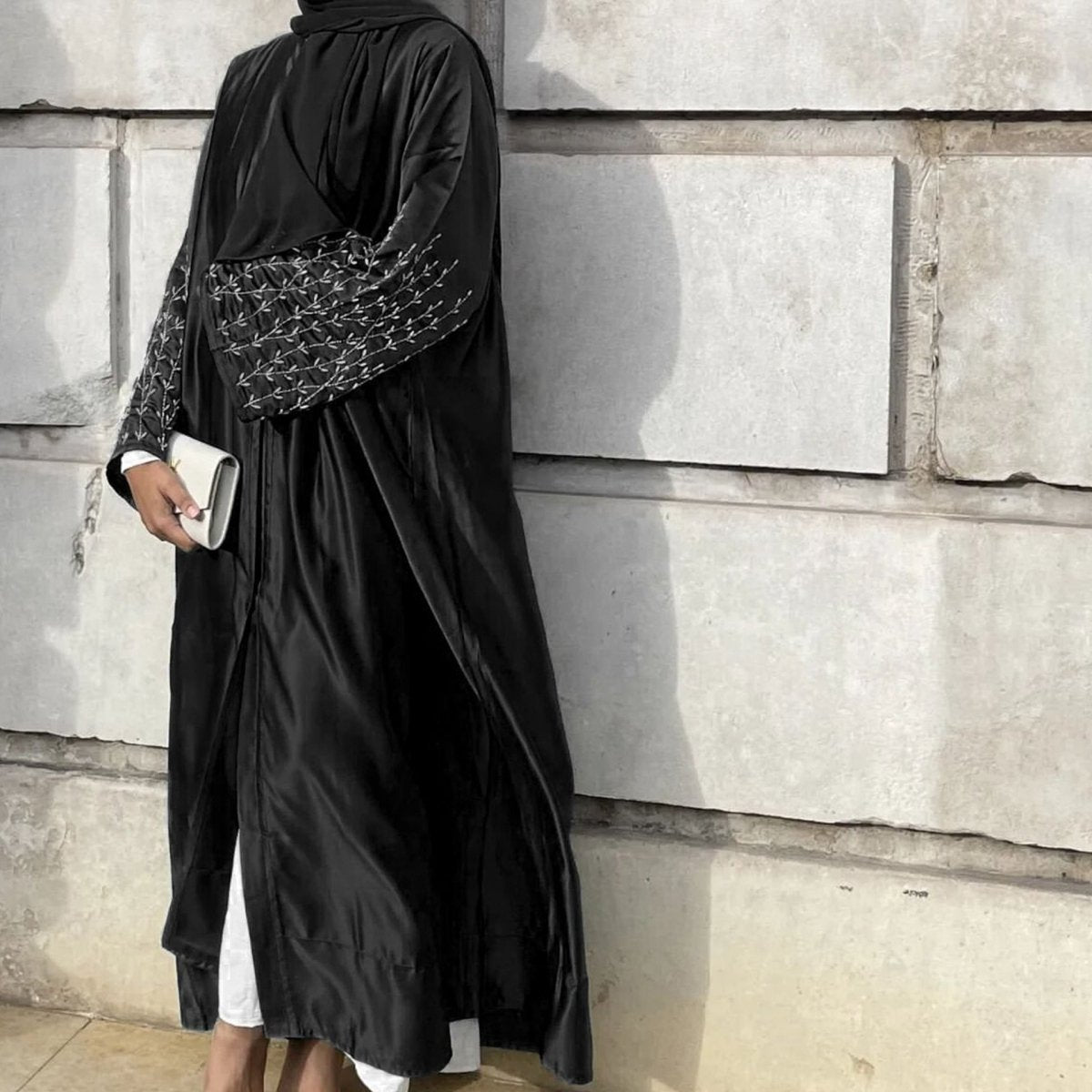 Party Abaya 2 - Piece Set With Solid Colour And Handmade Beads (MOA054) - Mariam's Collection