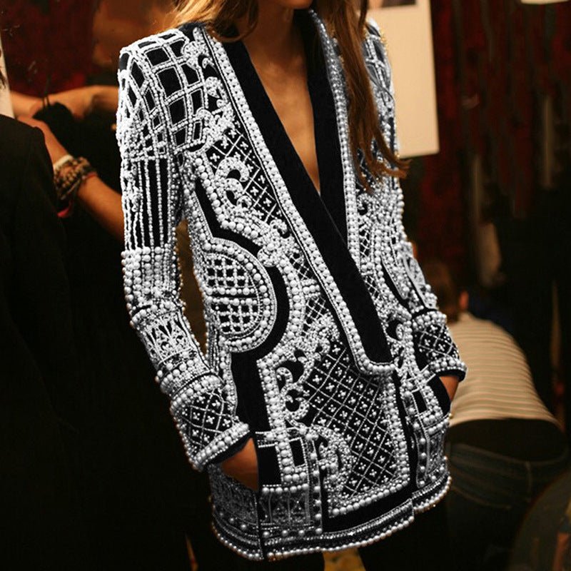 Pearl & Bead Embellished Vintage Blazer | Geometric Print Luxury Jacket(MS218) - Mariam's Collection