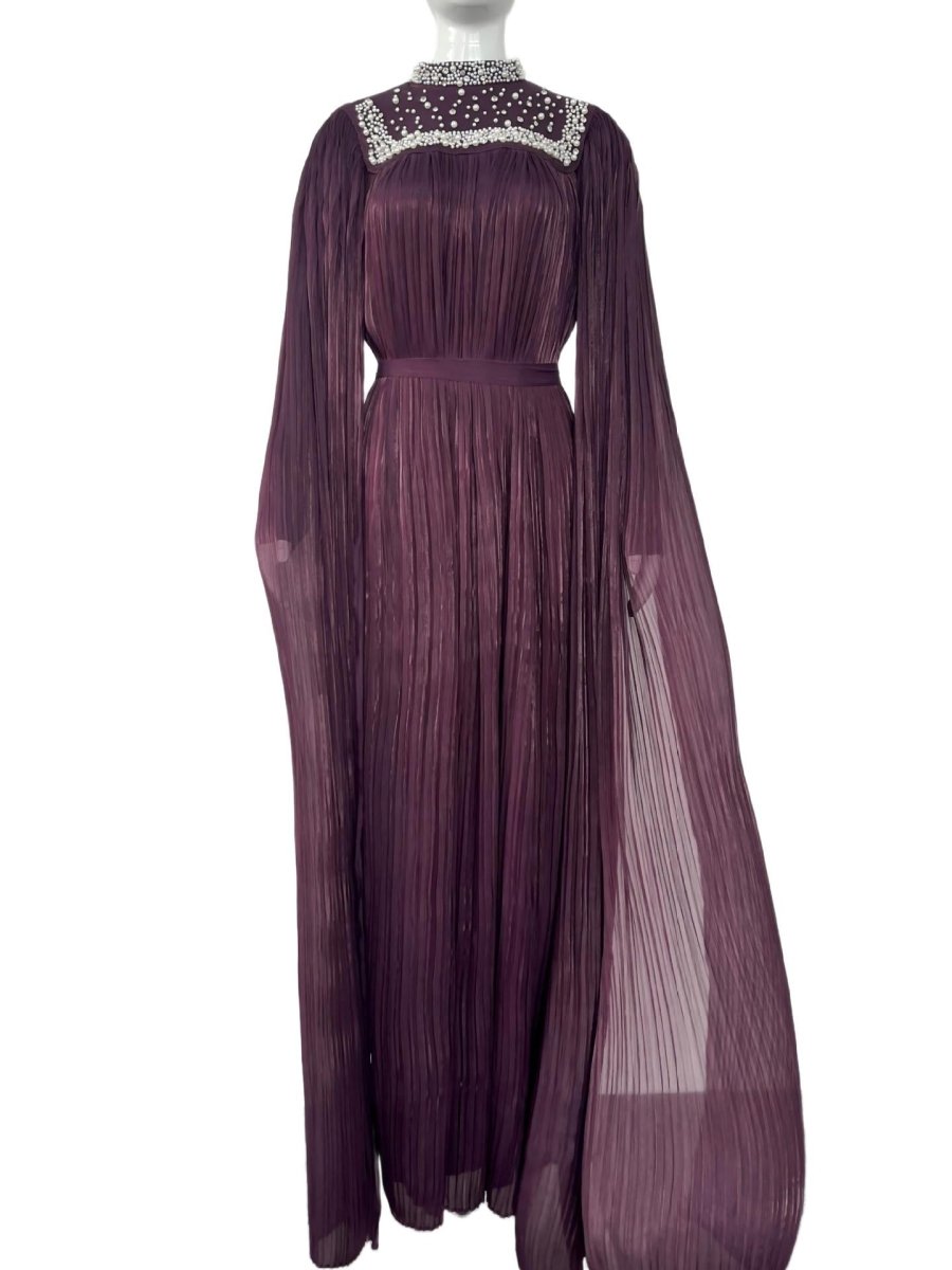 Pearl & Crystal Beaded Pleated Chiffon Maxi Gown(MA441) - Mariam's Collection