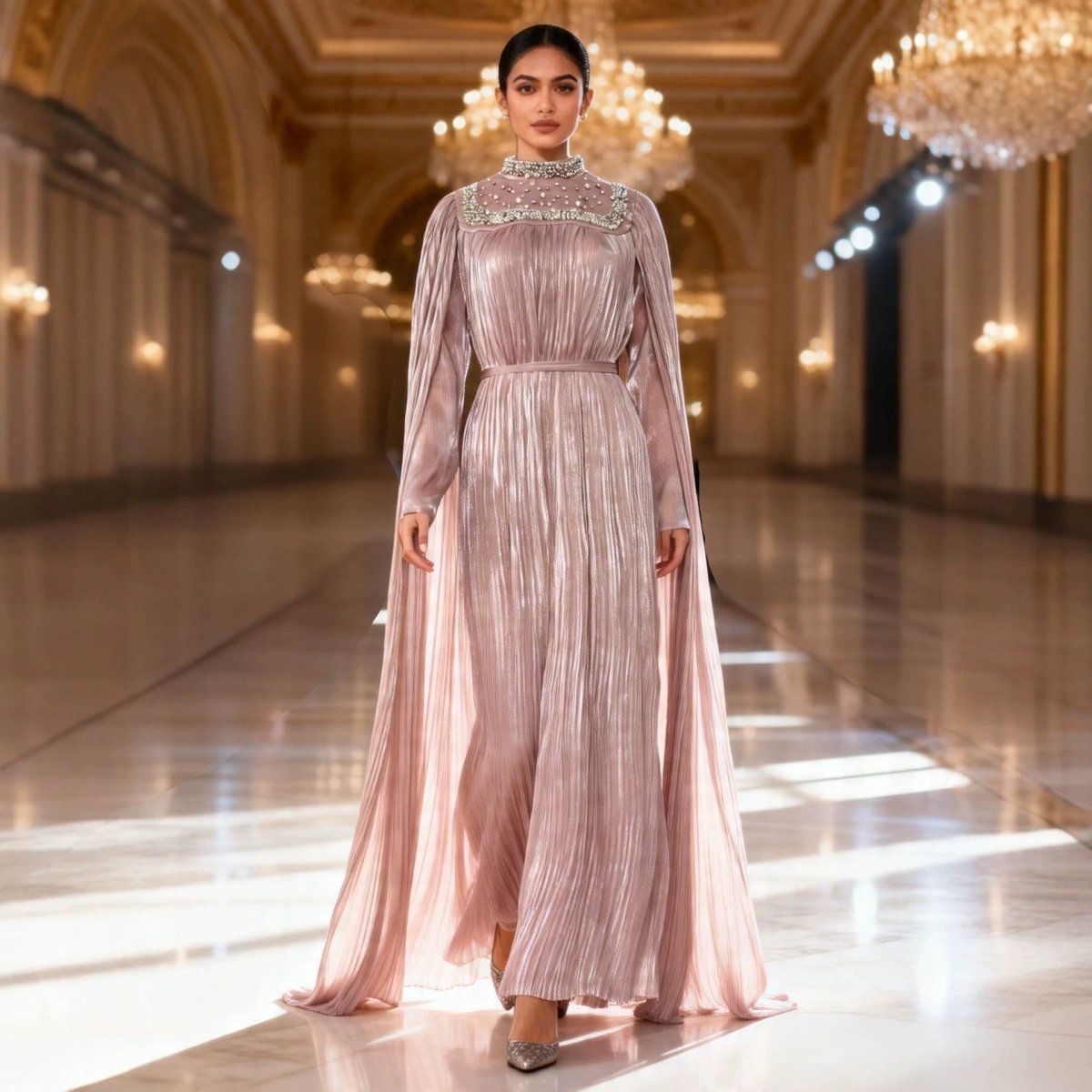 Pearl & Crystal Beaded Pleated Chiffon Maxi Gown(MA441) - Mariam's Collection