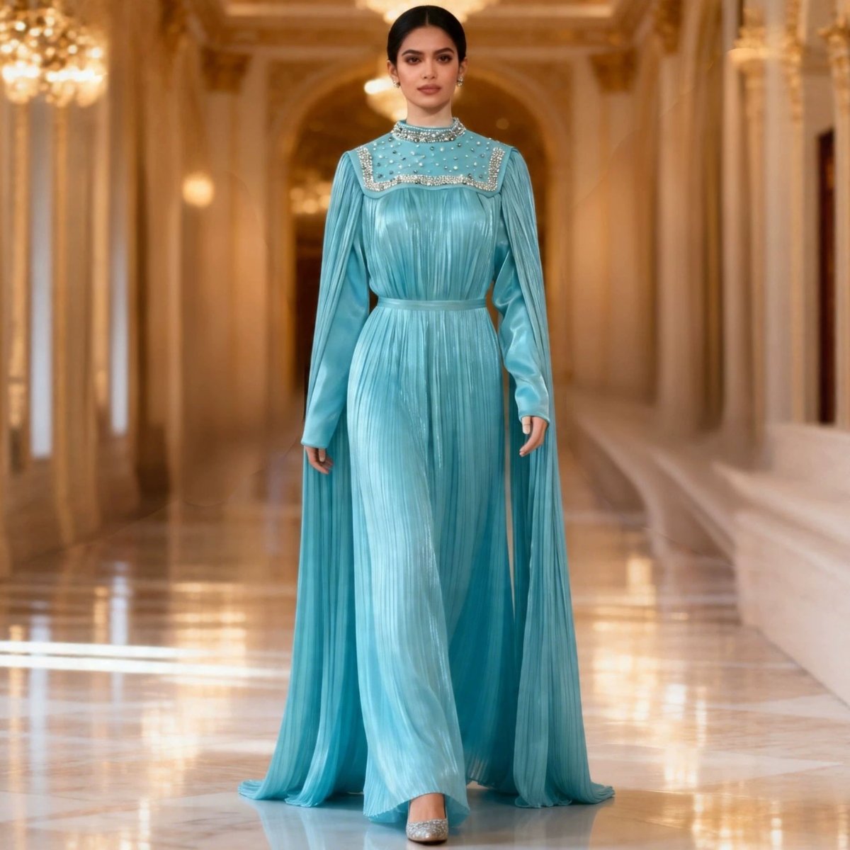 Pearl & Crystal Beaded Pleated Chiffon Maxi Gown(MA441) - Mariam's Collection